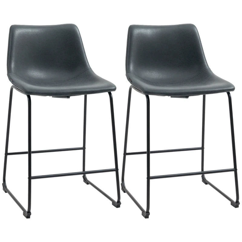 HOMCOM Counter Height Bar Stools Set of 2, Vintage PU Leather Bar Chairs, Kitchen Stool with Footrest, Black