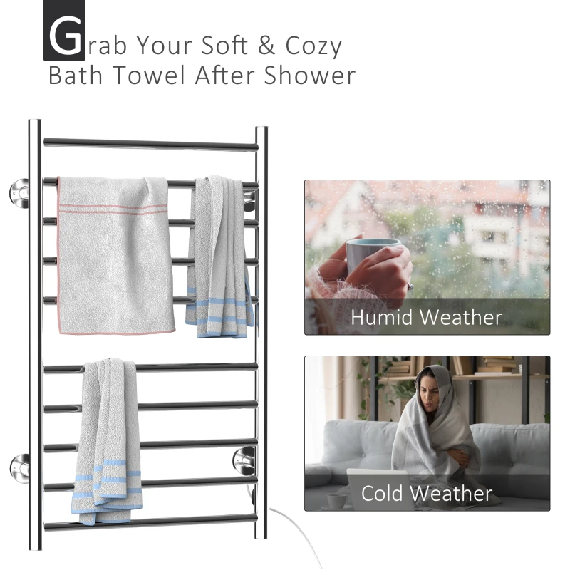HomCom 10-Bar Stainless Steel Wall Mounted Electric Heated Towel Rack Warmer