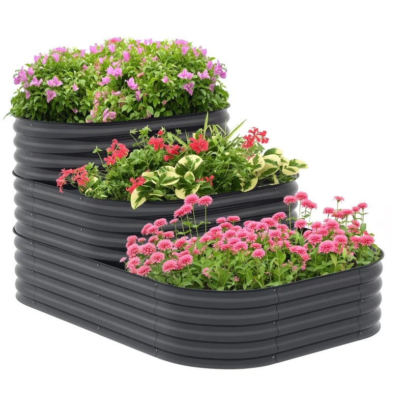 Outsunny 5.2'x3.6'x2.7' Outdoor Raised Garden Bed, 3-Tier Galvanized Planter Box with Safety Edging for Vegetable, Flower, Grey