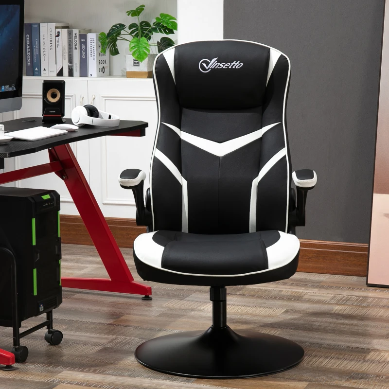Vinsetto High Back Video Gaming Chair Height Adjustable Flip-up Armrest 360° Swivel Racing Gamer with Pedestal Base, Black and White