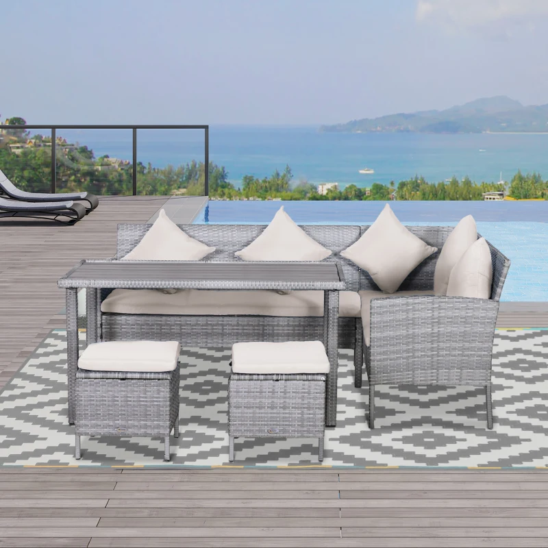 Outsunny 5 Piece Patio Furniture Set, Outdoor Dining Table Set with L-Shaped Sectional Sofa, 2 Ottomans, Outside Conversation Set with Cushions, Throw Pillows, Beige