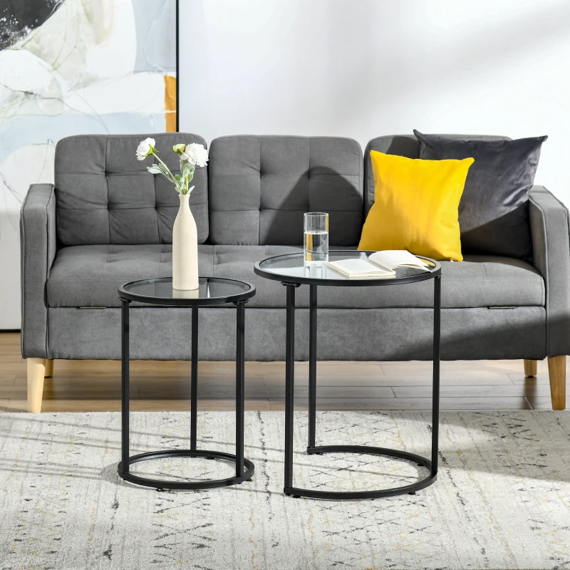HOMCOM Set of 2 Nesting Coffee Tables with Metal Base, Round Side Table with Tempered Glass Tabletop for Living Room, Bedroom, Black