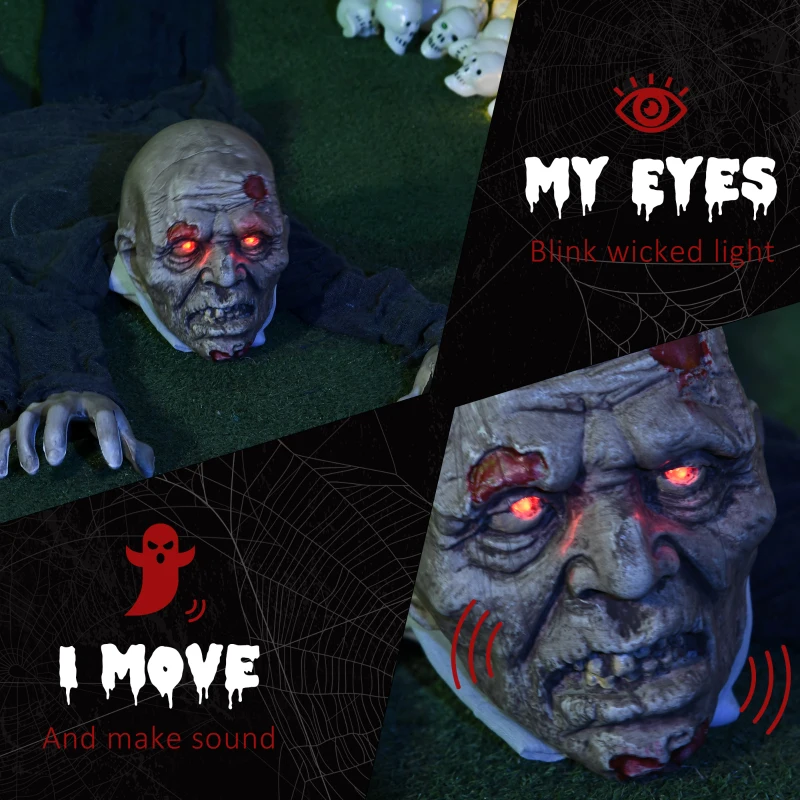 HOMCOM62 Inch/5.2ft Life Size Outdoor Halloween Decoration Crawling Zombie, Animated Prop Decor with Sound and Motion Activated, Light Up Eyes, Creepy Sound