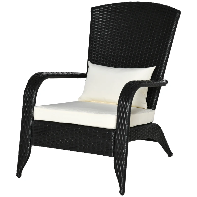 Outsunny Patio Wicker Adirondack Chair, Outdoor All-Weather Rattan Fire Pit Chair w/ Soft Cushions, Tall Curved Backrest and Comfortable Armrests for Deck or Garden, Cream White and Black
