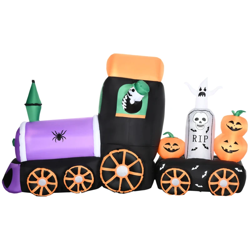 HOMCOM 8' Inflatable Halloween Spooky Train with Skeleton and Graveyard, Blow Up Outdoor LED Yard Display, Waterproof