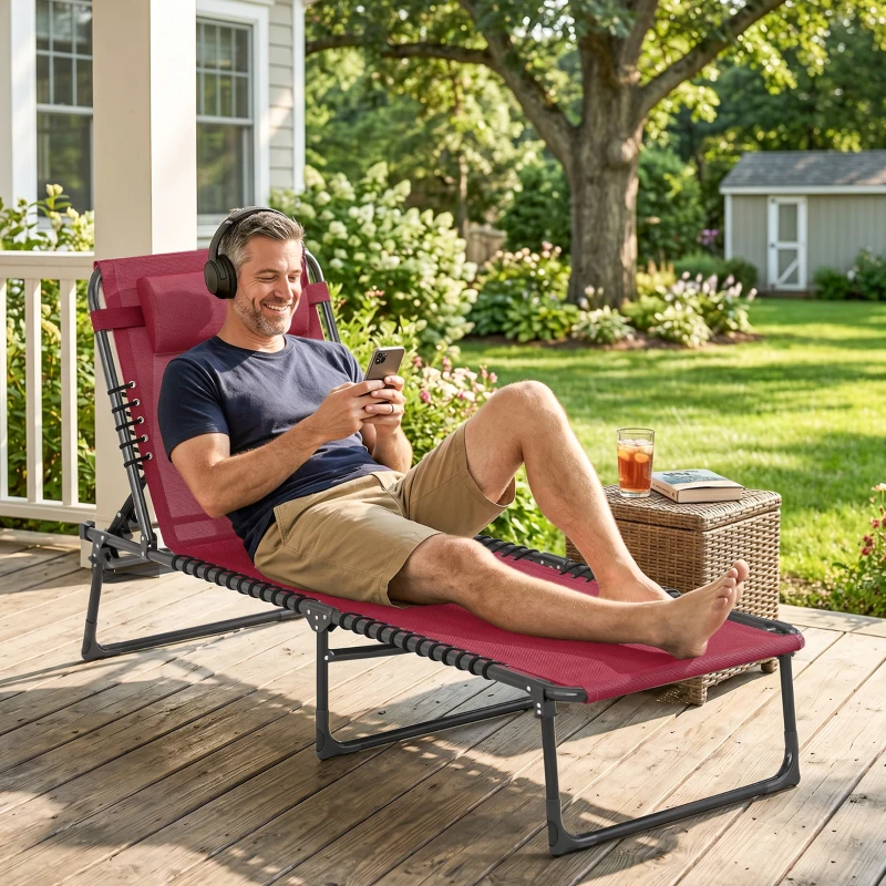 Outsunny Folding Chaise Lounge Pool Chair with 4-Position Reclining Back, Pillow, Breathable Mesh & Bungee Seat, Wine Red