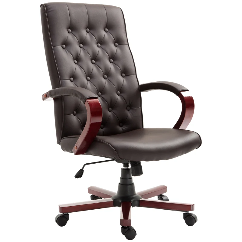 Vinsetto High Back Faux Leather Office Chair with Button Tufted Design, Executive Computer Desk Chair with Solid Wood Feet and Arms, Brown