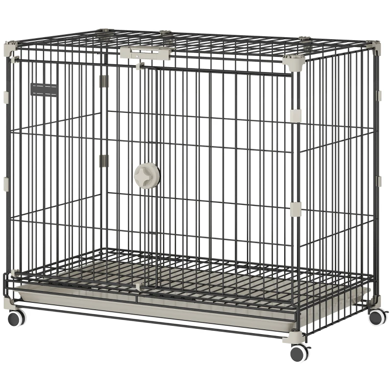 PawHut Dog Crate, 30 Inch Metal Dog Cage with Removable Tray, Lockable Wheels, 2 Doors for Small Medium Breeds, Black