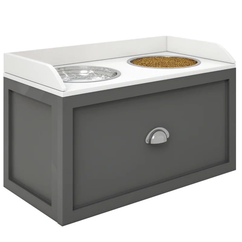 PawHut Elevated Dog Bowls Raised Pet Feeding Station with Storage 2 Stainless Steel Bowls, 23.6"x11.8" x14.2", Grey