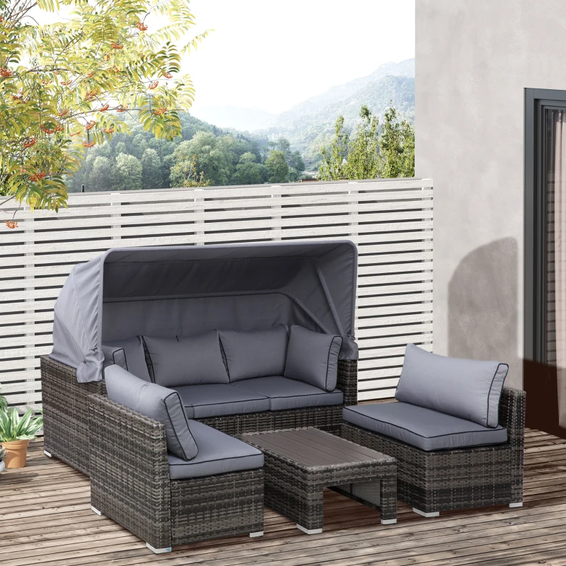 Outsunny Outdoor Daybed with Canopy, 4 Piece Sectional Patio Furniture Set, Cushions, Coffee Table Ottoman, PE Wicker Conversation Sofa Set and Convertible Sunbed, Gray
