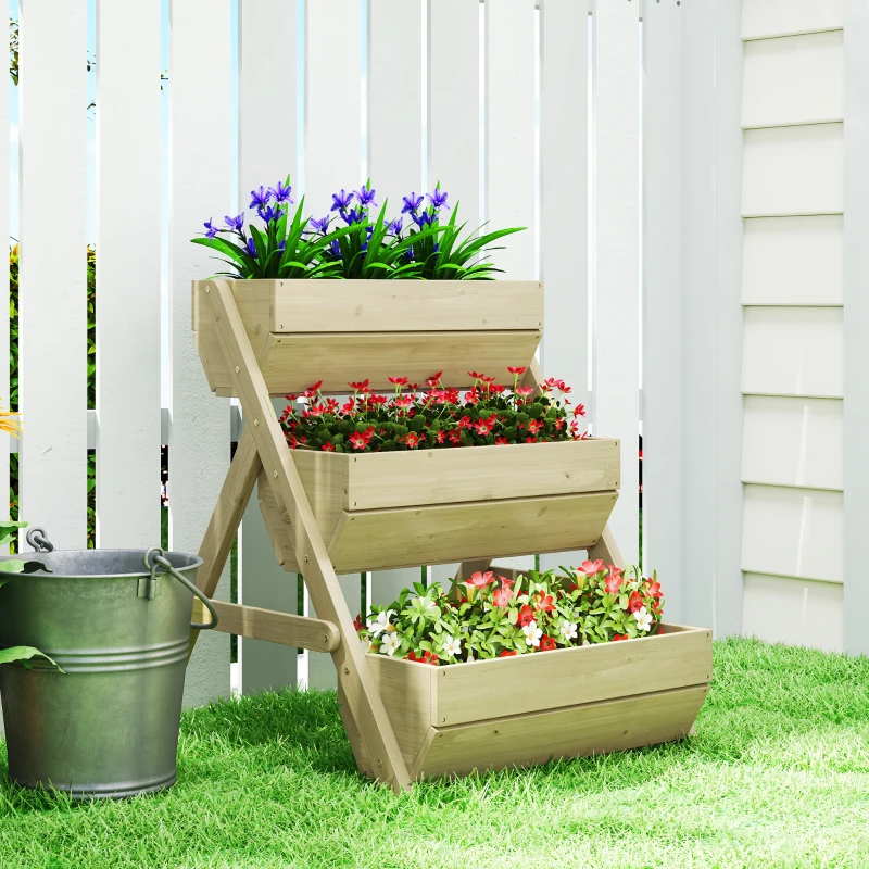 Outsunny 3 Tier Elevated Planter Box, Vertical Wooden Raised Garden Bed for Flowers, Vegetables, 26" x 30" x 30", Light Green