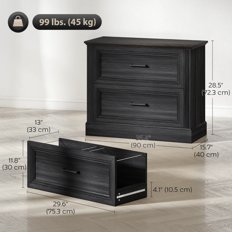 HOMCOM Lateral Filing Cabinet, Farmhouse File Cabinet with 2 Silent Drawers for Letter/A4/Legal Size Files, Black