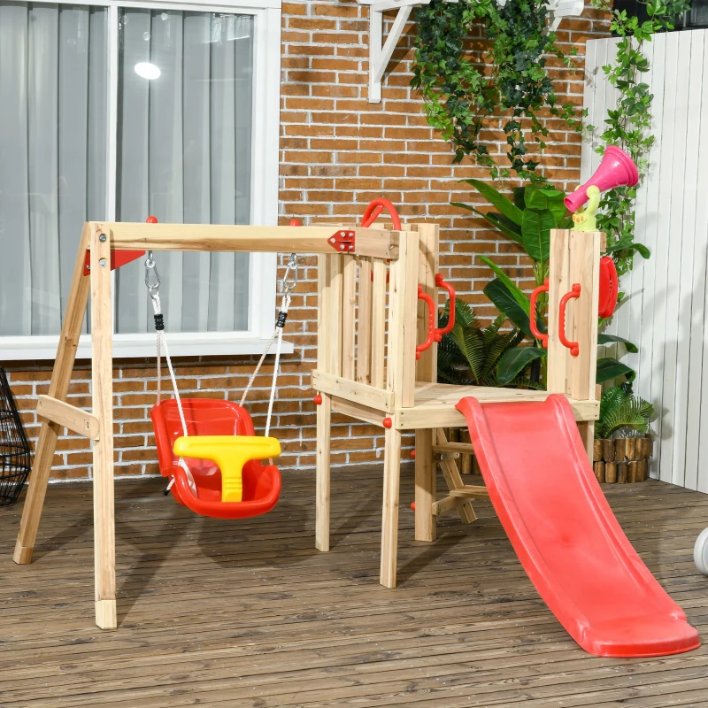 Outsunny 4-in-1 Wooden Swing Set with Swing, Slide, Horn, Steering Wheel, Red