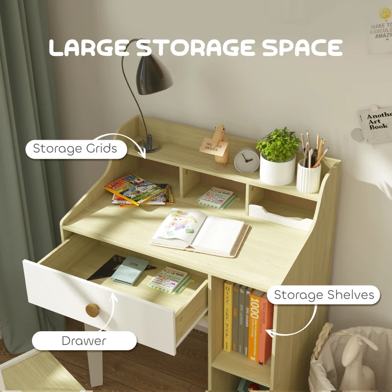 Qaba Kids Desk and Chair Set with Storage Shelves, Drawer for 3-10 Years, White