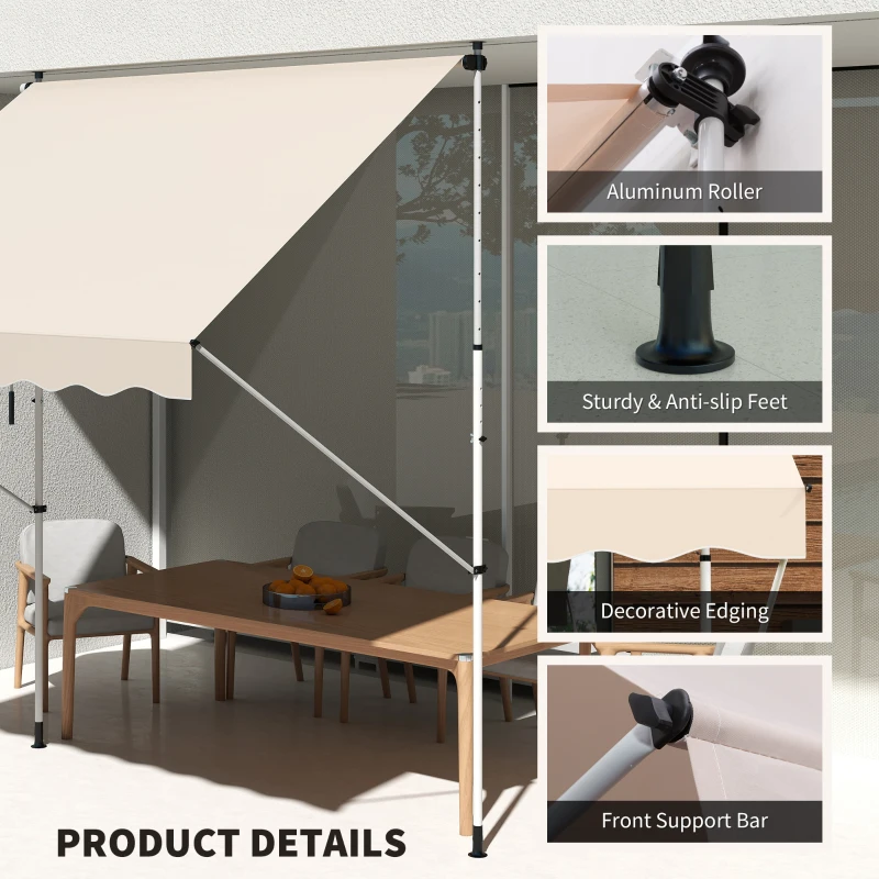 Outsunny 10x5ft Manual Retractable Awning, Patio Sun Shade Canopy Shelter with 5.6-9.2ft Support Pole, Water Resistant UV Protector, for Window, Door, Porch, Deck, Beige