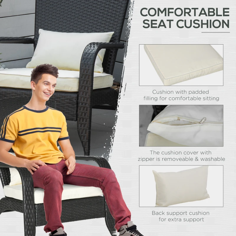 Outsunny Patio Wicker Adirondack Chair, Outdoor All-Weather Rattan Fire Pit Chair w/ Soft Cushions, Tall Curved Backrest and Comfortable Armrests for Deck or Garden, Cream White and Black