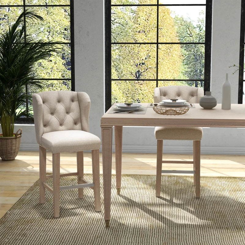 HOMCOM Counter Height Bar Stools Set of 2, Upholstered Bar Chairs with Nailhead Backrest and Footrest, Modern Barstools for Kitchen, Dining Room, Beige