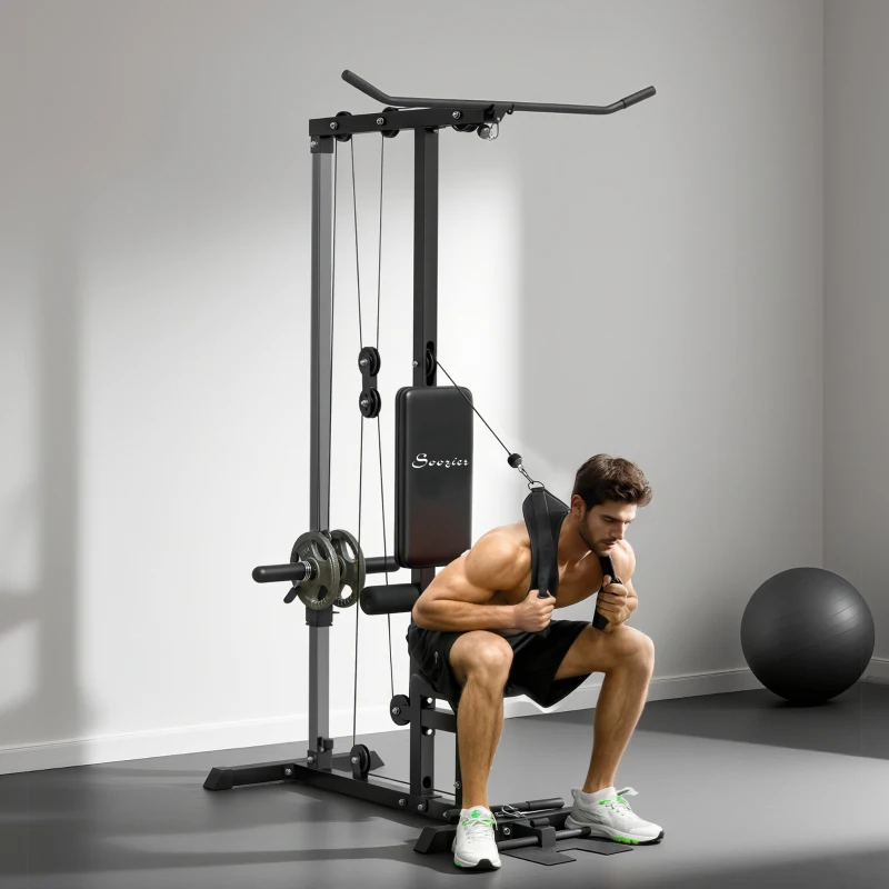 Soozier Lat Pull Down Machine, High / Low Pulley Machine with Adjustable Seat and Flip-Up Footplate, Black