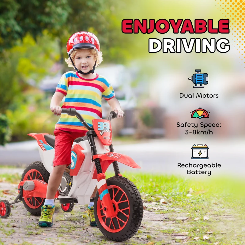 Aosom Kids Dirt Bike 12V Battery-Powered Ride-On Electric Motorcycle with Charging Battery, Training Wheels Red