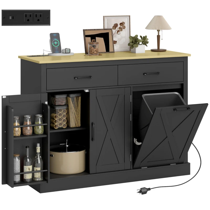 HOMCOM 7 Gallon Tilt Out Garbage Cabinet, Kitchen Island with Charging Station, 2 Drawers, 4 Door Racks, Black