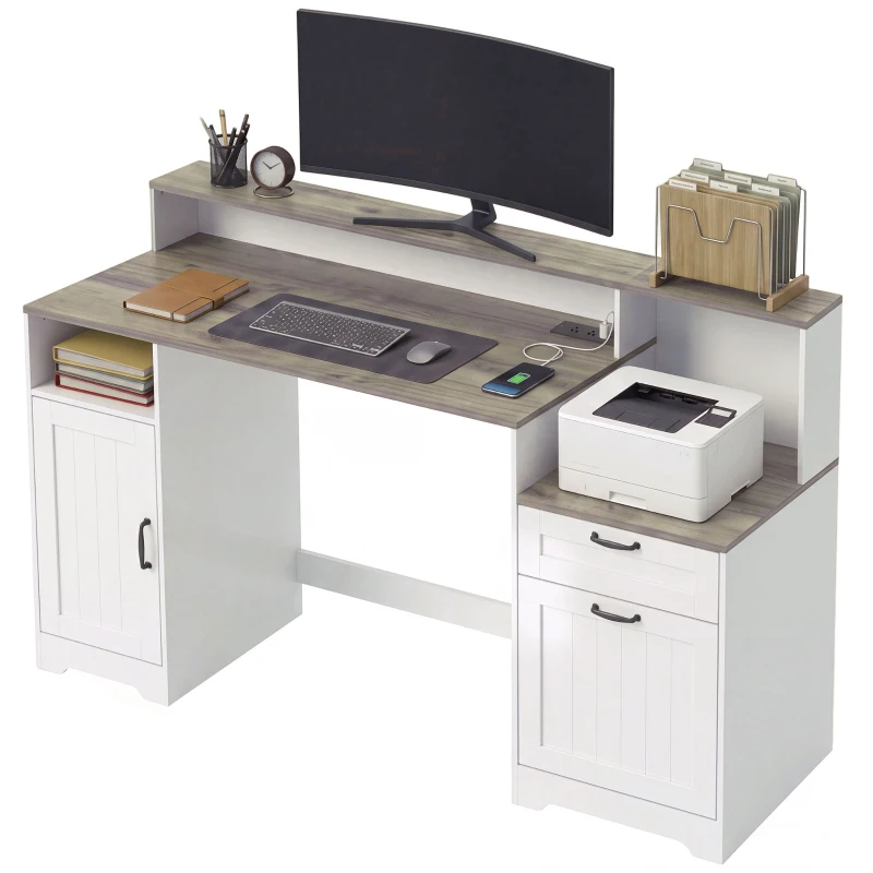 HOMCOM Computer Desk with Power Outlets Office Desk 1 Cabinet File Drawer Grey Brown White