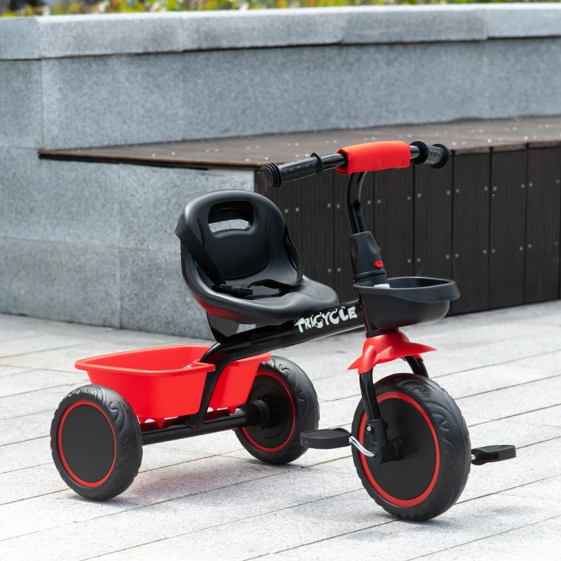 Qaba Large Kids Tricycle for Toddler 2-5 Year Old Girls and Boys, Toddler Trike Bike with Adjustable Seat, Safety Belt,  Two Storage Baskets, Red