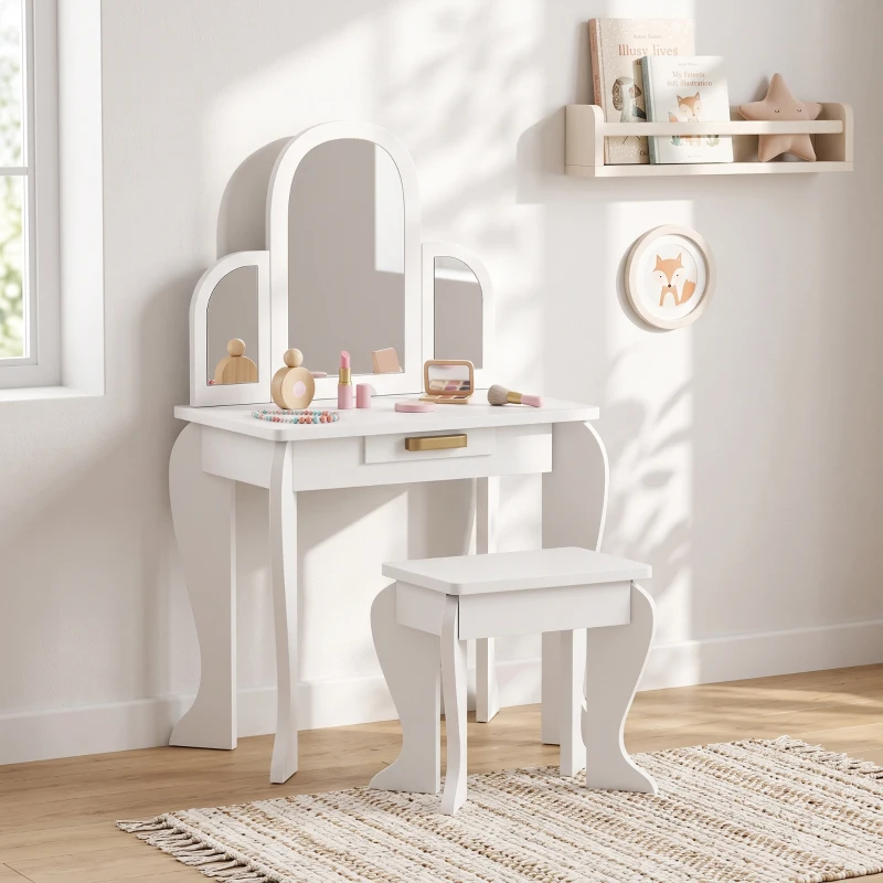 Qaba Kids Dressing Table and Chair Set, Girls Dressing Set, Makeup Desk with Drawer for 3-6 Years Old Kids, White