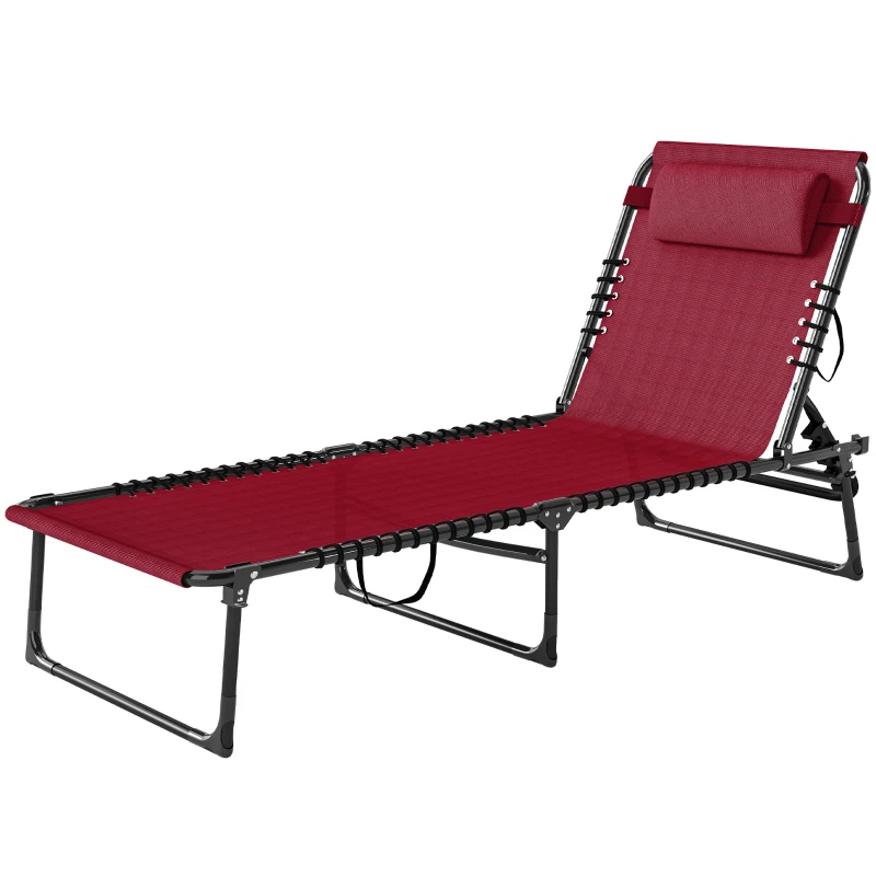 Outsunny Folding Chaise Lounge Pool Chair with 4-Position Reclining Back, Pillow, Breathable Mesh & Bungee Seat, Wine Red