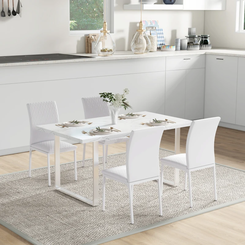 HOMCOM Modern Dining Chairs Set of 4, Upholstered Faux Leather Kitchen Chairs with Rhombic Tufting and Metal Legs for Living Room, White