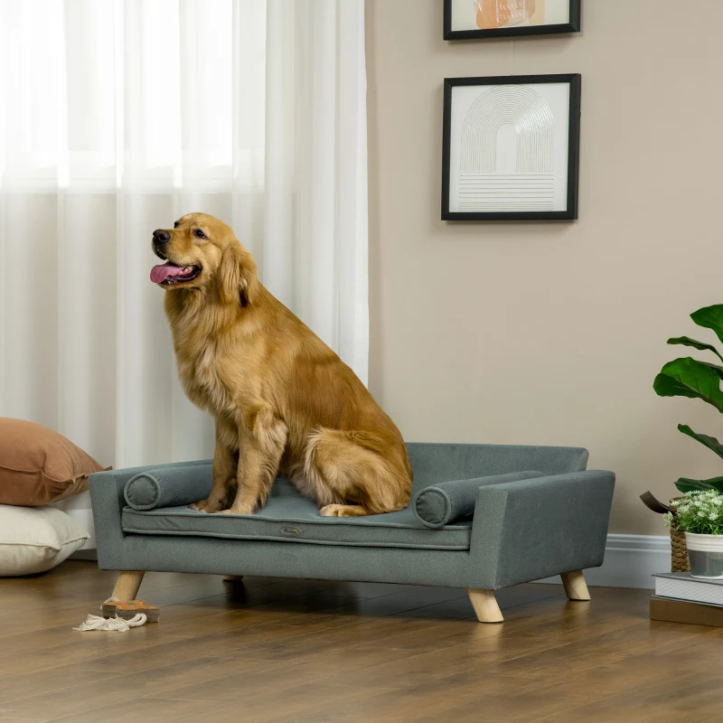 PawHut Dog Couch with Removable Pillows, Foam Pet Sofa, Cat Sofa with Removable Washable Cushion & Water-Resistant Fabric, Gray