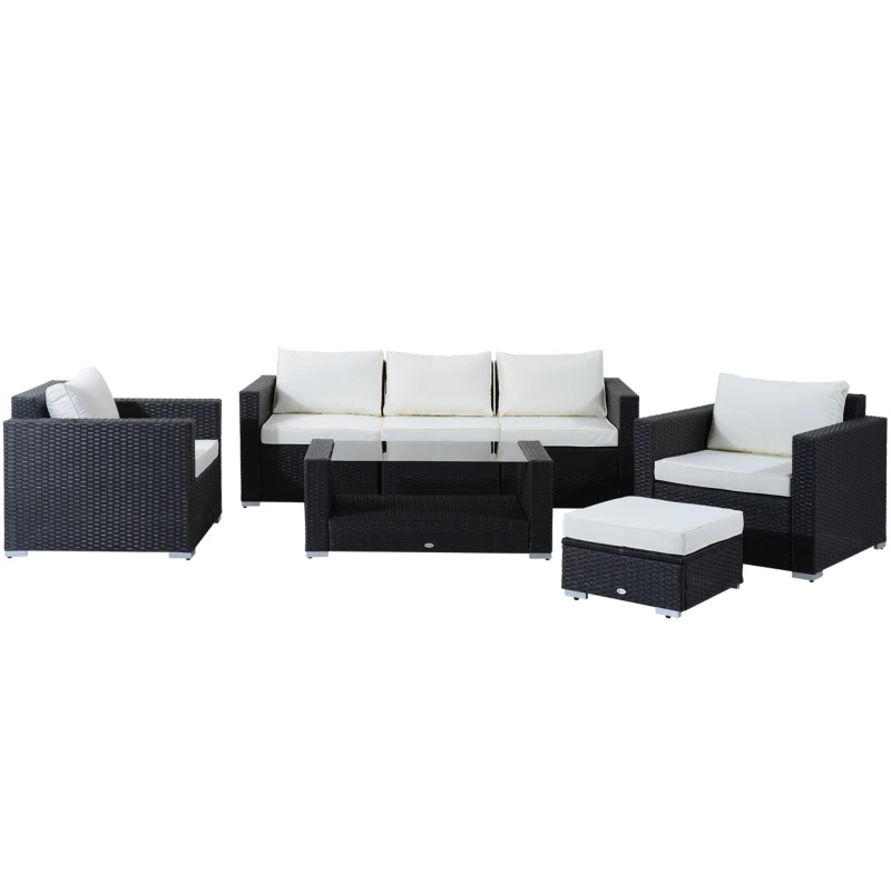 Outsunny 7 Pieces Patio Wicker Furniture Set, Outdoor PE Rattan Sectional Conversation Furniture Sofa with Glass Table and Cushion, Beige