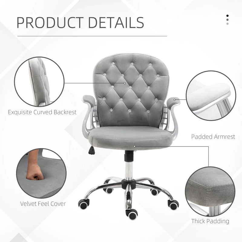 Vinsetto Button Tufted Desk Chair, Home Office Chair with Padded Armrests, Adjustable Height and Swivel Wheels, Gray