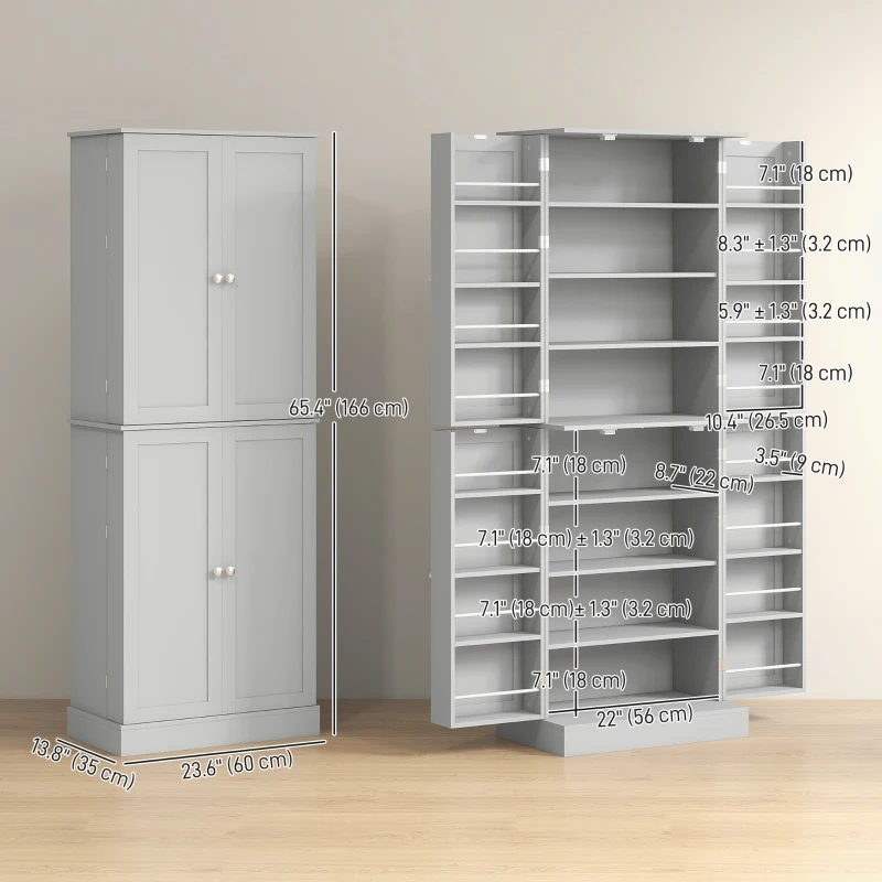HOMCOM 65" Kitchen Cabinet, Kitchen Pantry Cabinet with 4 Doors and 16 Door Shelves for Dining Room, Grey