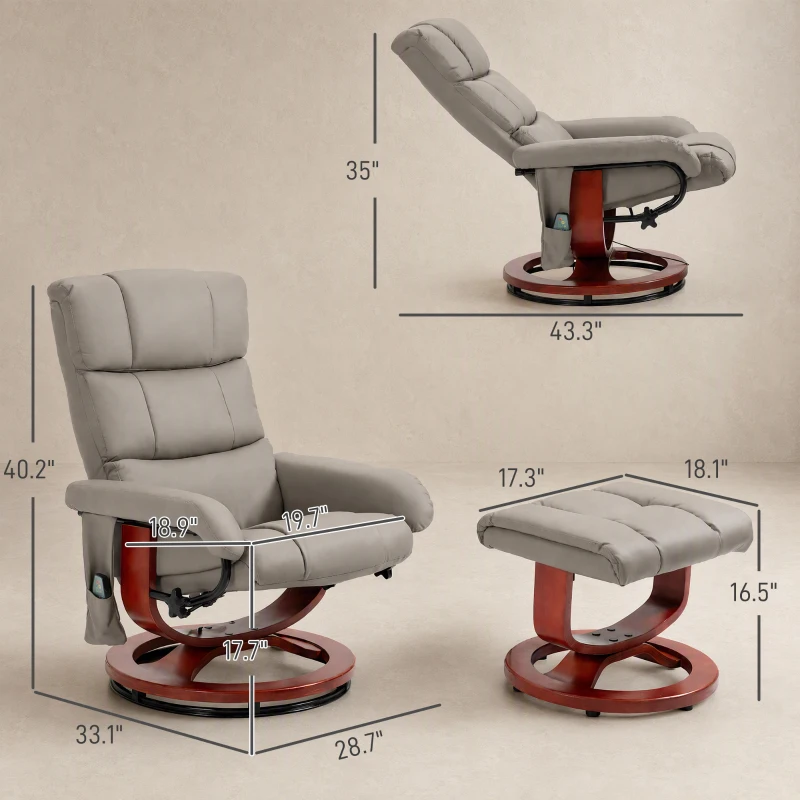 HOMCOM Massage Recliner Chair with Ottoman, Swivel Recliner and Footrest, Faux Leather Reclining Chair w/ Remote Control, Gray