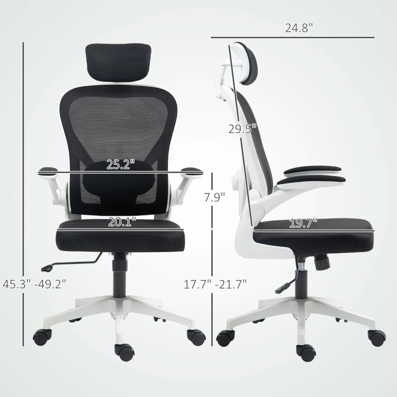 HOMCOM Mesh Office Chair, Ergonomic Desk Chair with Flip-up Armrest, Rotatable Headrest, Adjustable Lumbar Support, Black