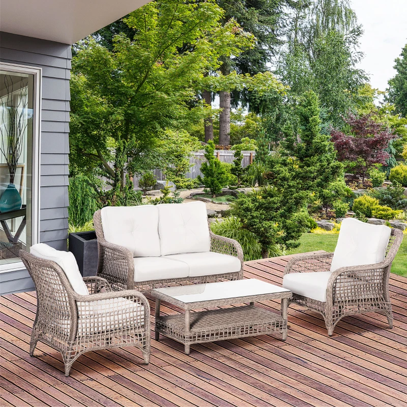 Outsunny 4pc Outdoor Patio Furniture Set, 2 Rattan Chairs, 1 PE Wicker Loveseat Sofa, 1 Center Coffee Table w/ Tempered Glass Table-Top, Soft Cushions for Garden, Cream White