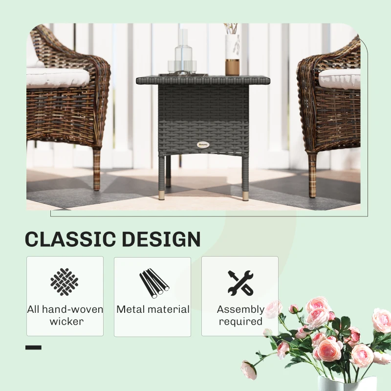 Outsunny Wicker Outdoor Side Table, 20" Square Patio End Table w/ Full Woven Top, Grey