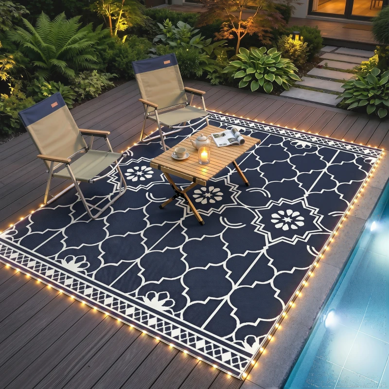Outsunny Reversible Outdoor Rug Carpet with LED Lights, 10' x 8' PP Straw Rug with Carry Bag and Ground Stakes