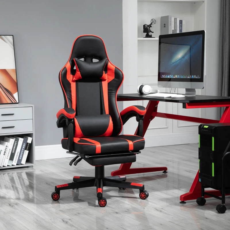 Vinsetto High Back Gaming Chair, PU Leather Racing Style Gamer Computer Chair with Retractable Footrest with Lumbar Support, Pillow and Adjustable Padded Armrests, Red