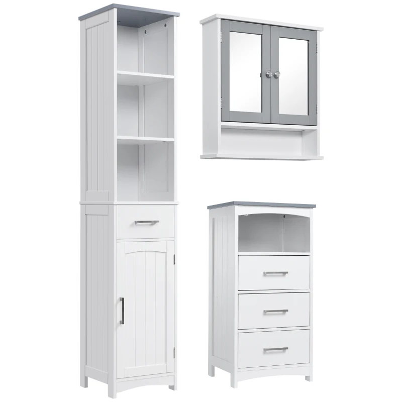 kleankin 3-Piece Bathroom Furniture Set, Tall and Small Floor Cabinets, Wall Mount Medicine Cabinet with Mirror, Narrow Bathroom Storage Cabinet with Drawers and Shelves, White
