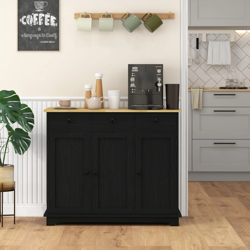 HOMCOM Kitchen Storage Cabinet, Sideboard Floor Cupboard with Solid Wood Top, Adjustable Shelf, and 3 Drawers, Black Wood Grain