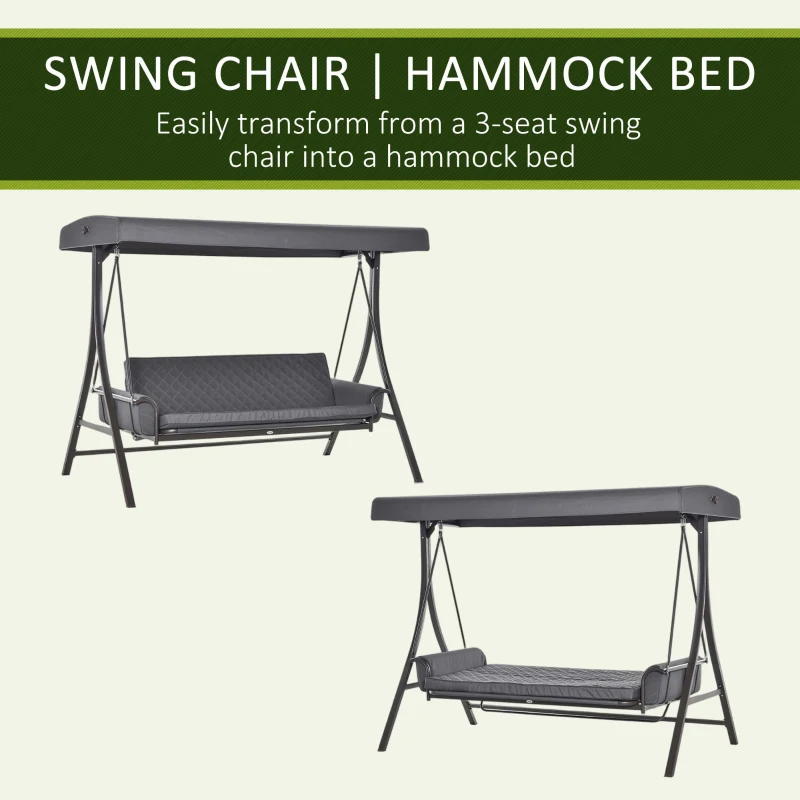 Outsunny 3 Person Porch Swing Bench with Adjustable Canopy, Cushions, Pillows for Porch and Backyard, Dark Grey