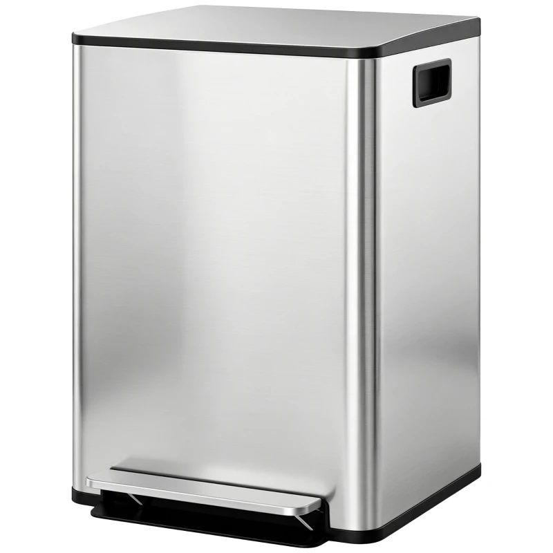 HOMCOM 2 x 30L / 7.9 Gallon Dual Trash Can with Removable Inner Buckets and Handles for Kitchen, Office, Bathroom, Silver
