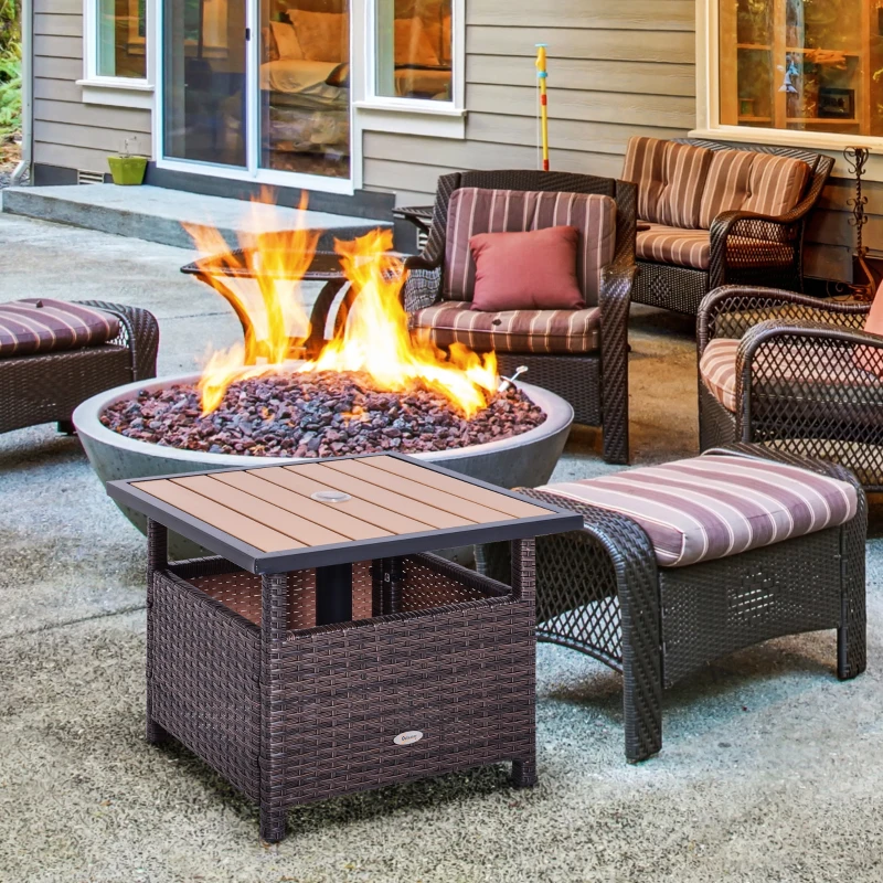 Outsunny 22" Outdoor Side Table with Umbrella Hole, Rattan Wicker End Table with Sand Bag and Steel Frame for Patio, Garden, Backyard, Brown & Light Yellow