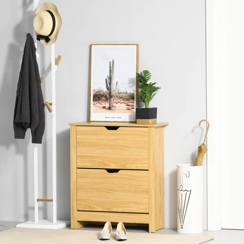 HOMCOM Shoe Storage Cabinet with 2 Flip Drawers and Adjustable Shelves for 8–12 Pairs of Shoes, Natural Wood