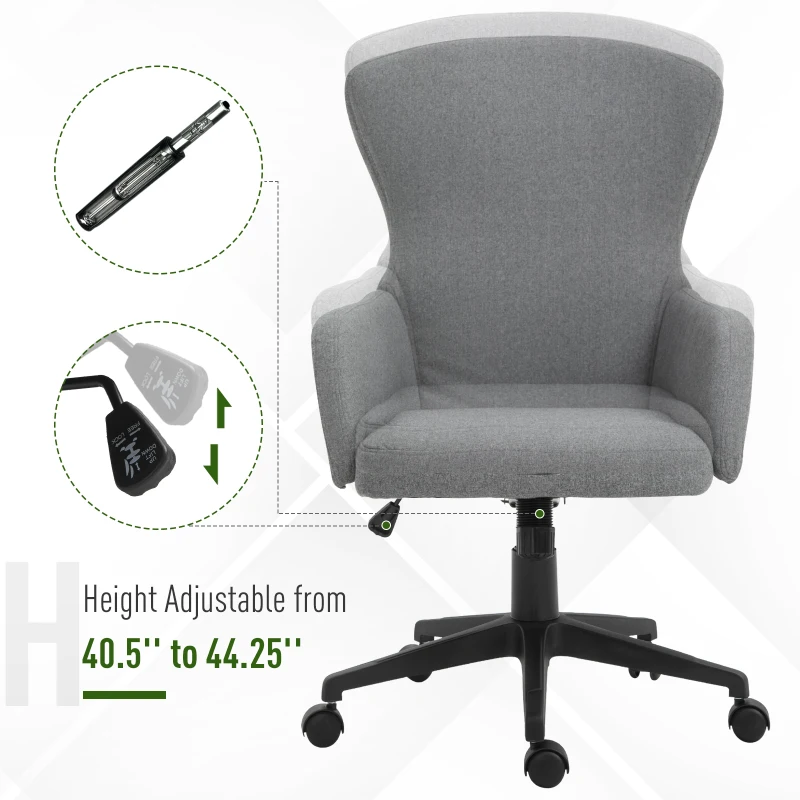 Vinsetto Swivel Office Chair Modern Linen Upholstered Home Computer Desk Task Chair with Cushioned Arm, Wheels, Adjustable Height, Grey