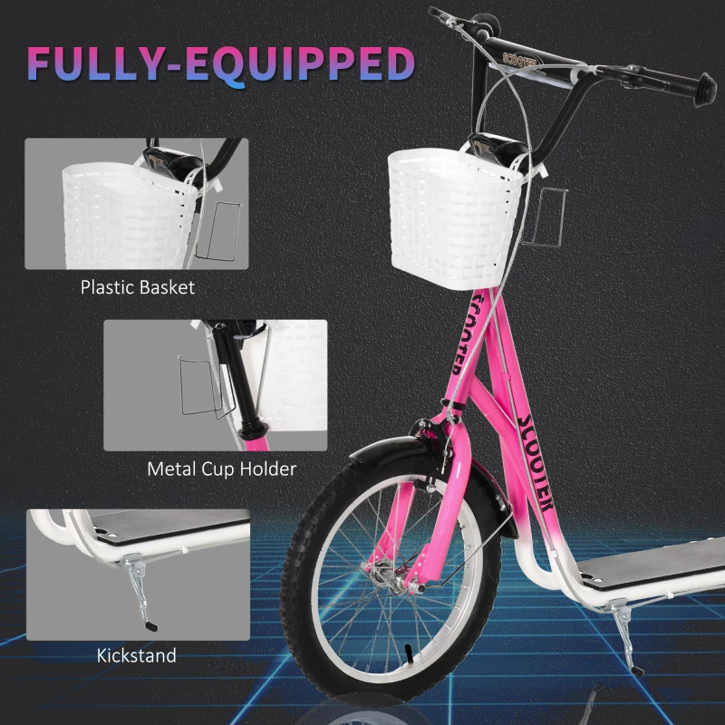 Aosom Youth Scooter, Kick Scooter with Adjustable Handlebars, Double Brakes, 16" Inflatable Rubber Tires, Basket, Pink