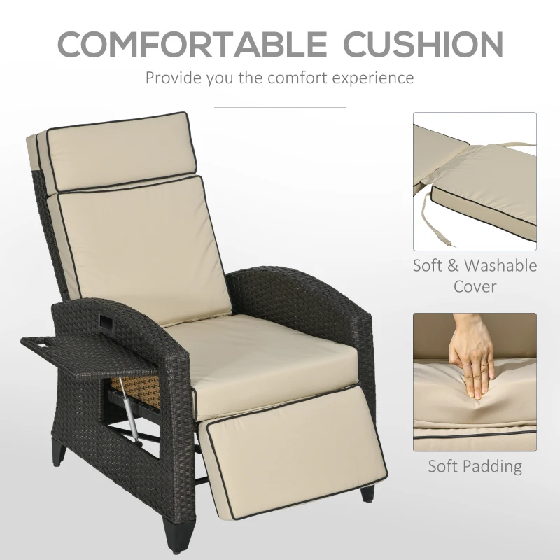 Outsunny Outdoor Recliner Chair with Adjustable Backrest, Cushion, Side Tray, Khaki