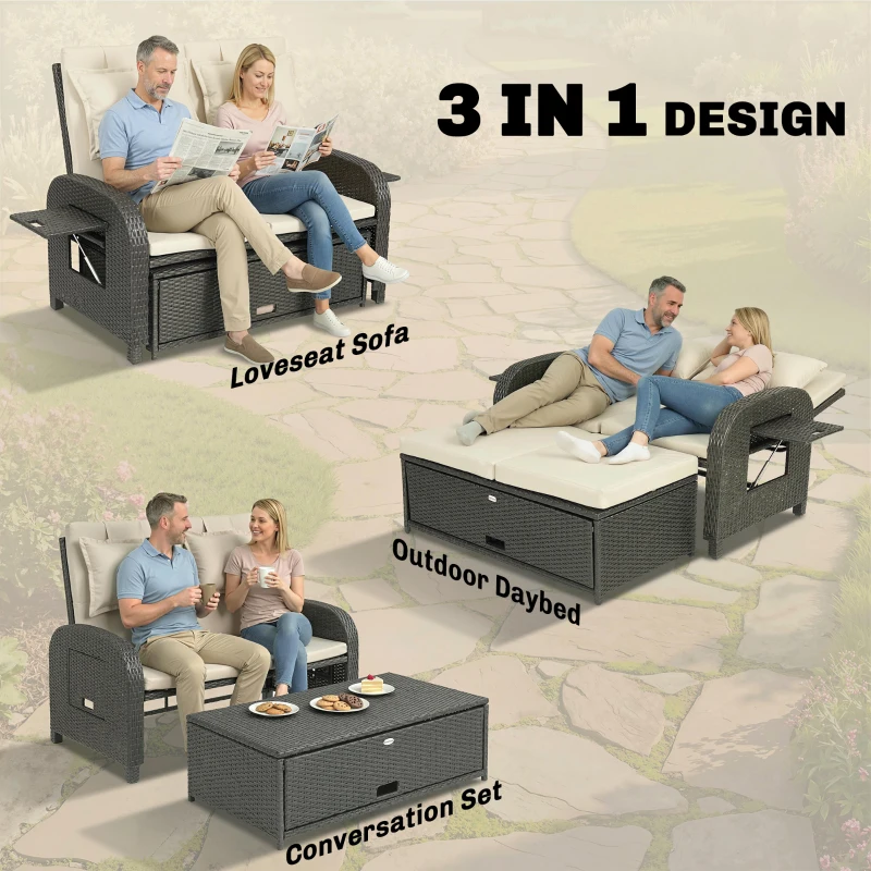Outsunny Patio Rattan Daybed, Wicker Outdoor Daybed with Storage Ottoman, Loveseat w/ Adjustable Backrest, Beige