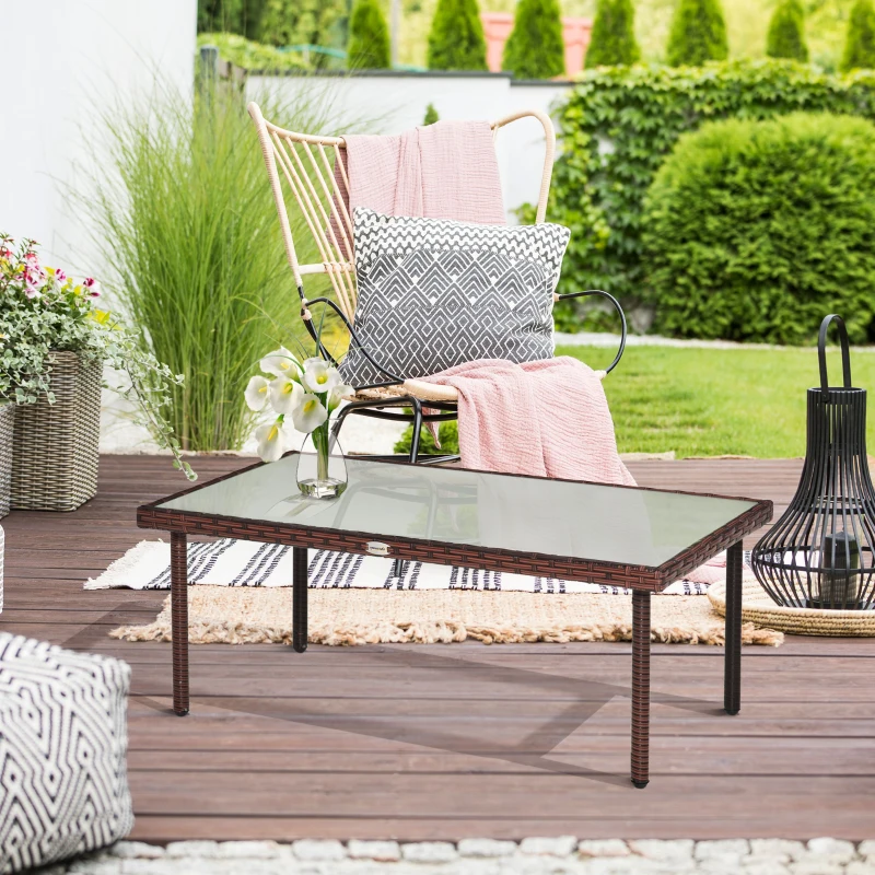 Outsunny Patio Wicker Dining Table, Outdoor Rattan Coffee Table with Glass Top for Garden, Patio, or Backyard, Brown